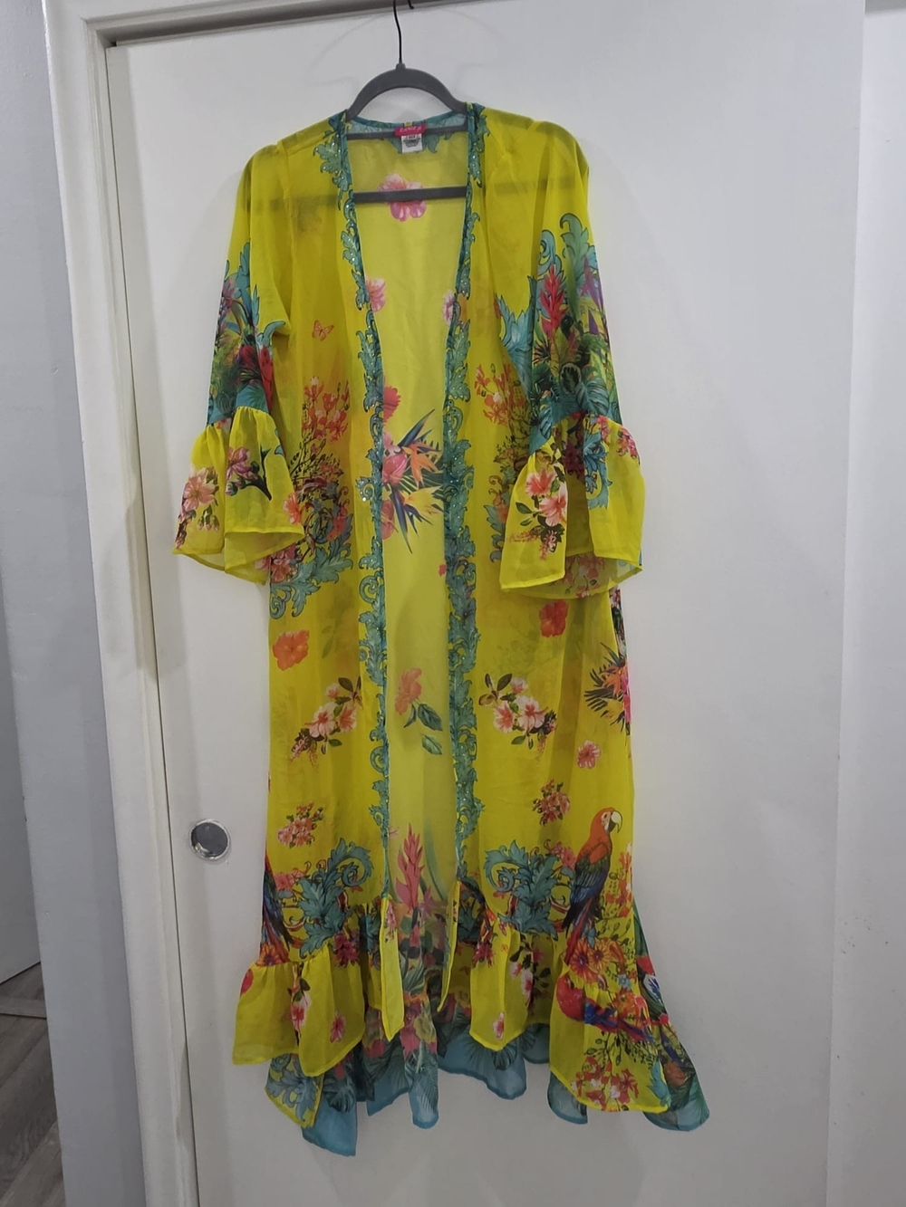 Sunshine Yellow Floral Long Sleeve Maxi Kimono Dress